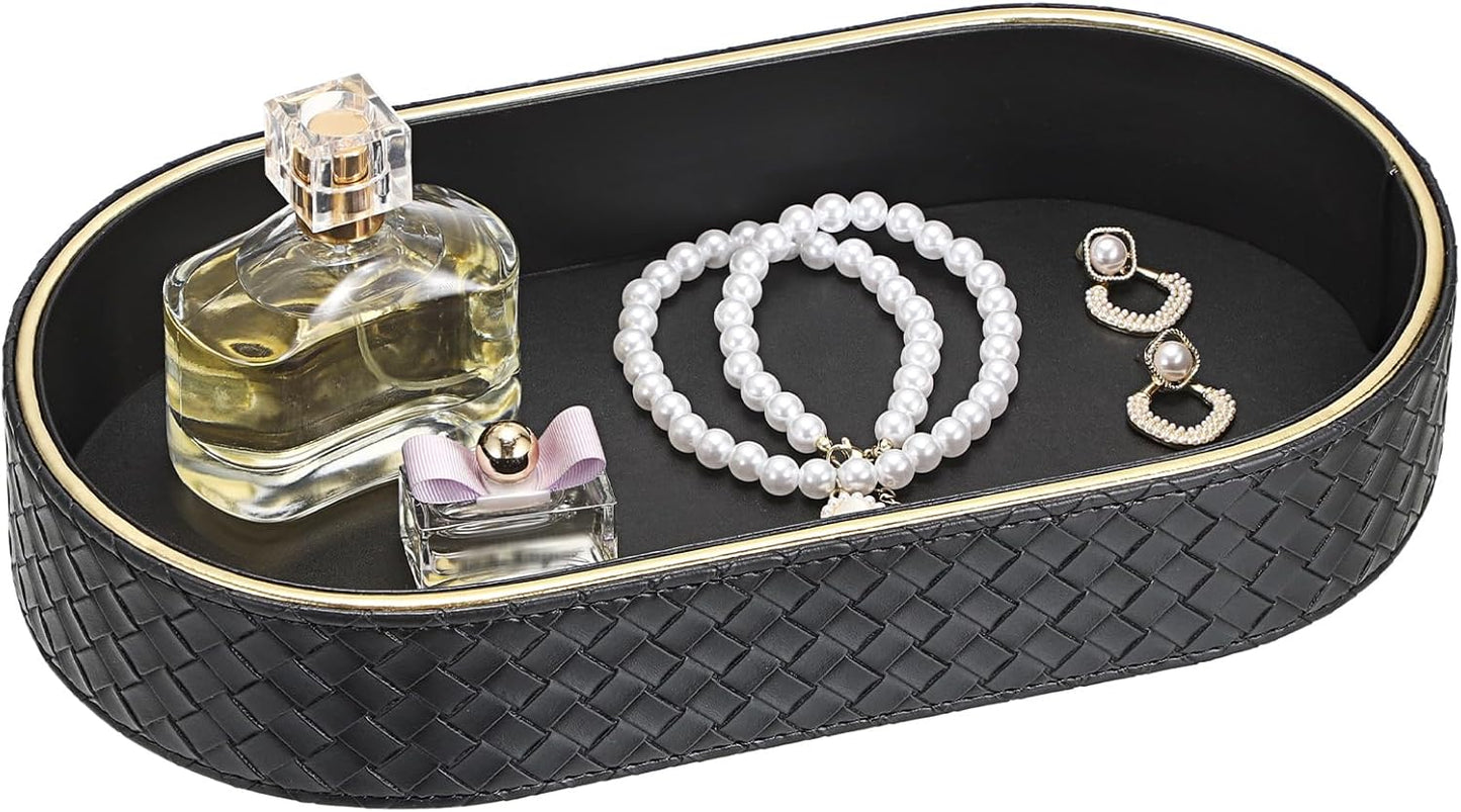 Hipiwe Perfume Trays PU Leather Vanity Tray for Dresser Bathroom Valet Trays Oval Desk Tray Jewelry Dish Holder Decorative Catchall Trays Nightstand Organizer, Beige