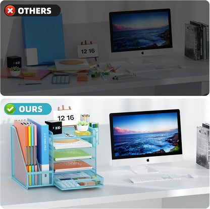 Marbrasse Desk Organizer with File Holder, 5-Tier Paper Letter Tray Organizer with Drawer and 2 Pen Holder, Mesh Desktop Organizer and Storage with Magazine Holder for Office Supplies(Black)