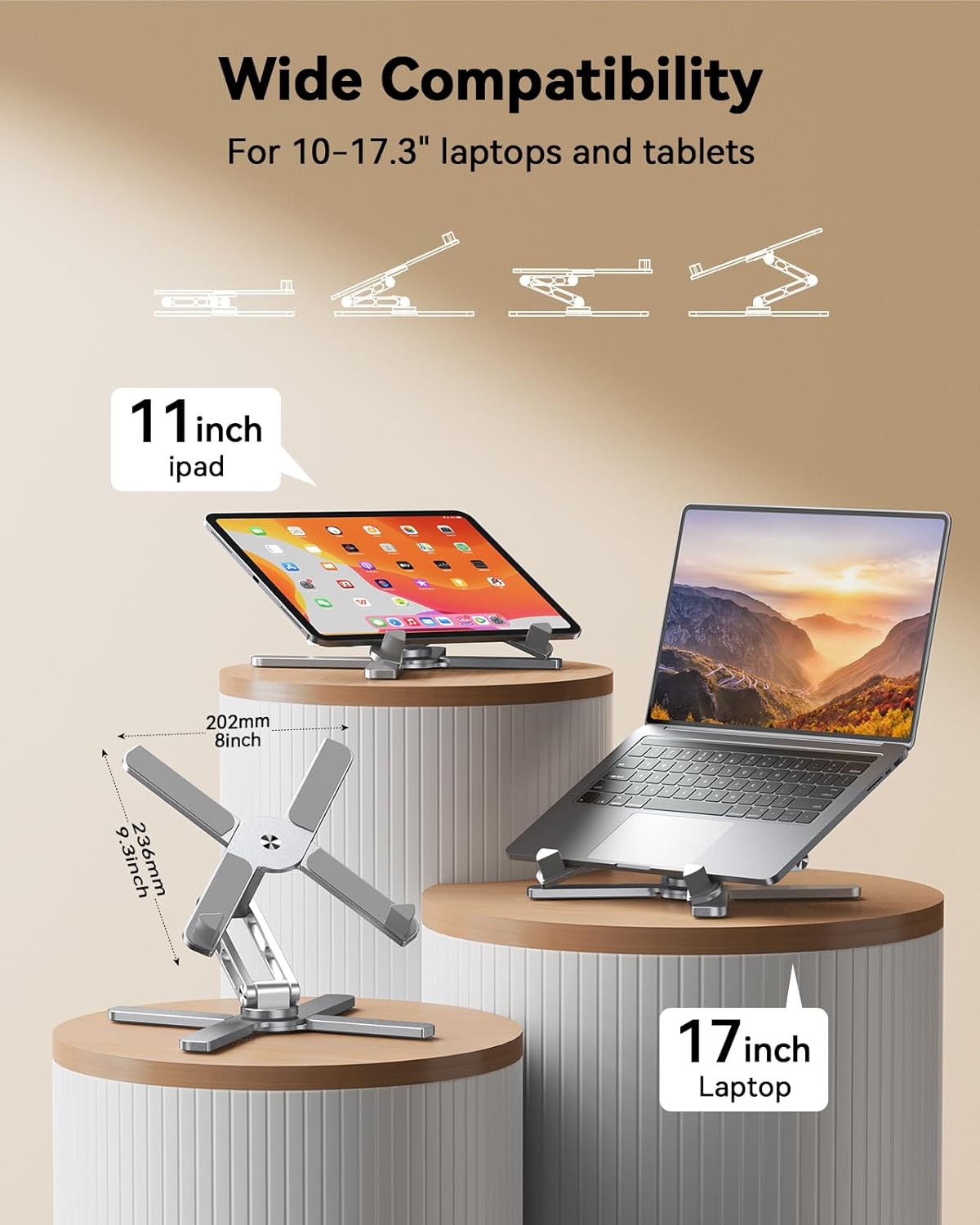 TECKNET Laptop Stand for Desk with 360° Rotating Base, Ergonomic Foldable Computer Stand - Portable Laptop Riser Holder Adjustable Height Angles, Fits MacBook Air Pro All Laptops 10-17" - Silver