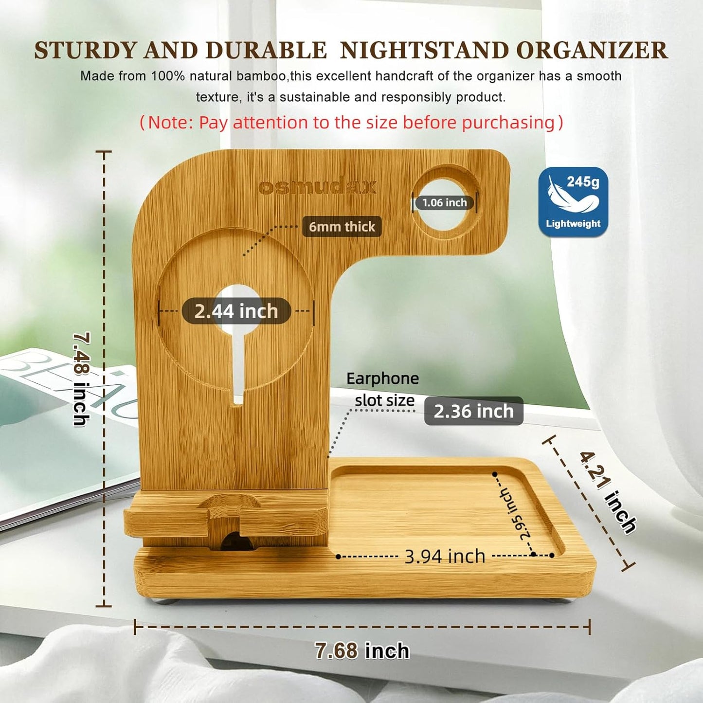 4 in 1 Bamboo Nightstand Organizer, Wood Phone Docking Station, Phone Charger Stand for iPhone 12-18 Series & Android, Desktop Organizer for iWatch & Airpods, Gifts for Men, Dad, Anniversary