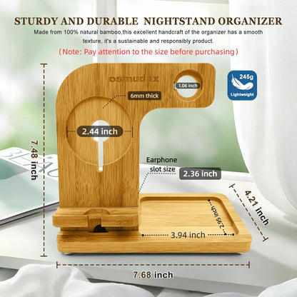 4 in 1 Bamboo Nightstand Organizer, Wood Phone Docking Station, Phone Charger Stand for iPhone 12-18 Series & Android, Desktop Organizer for iWatch & Airpods, Gifts for Men, Dad, Anniversary