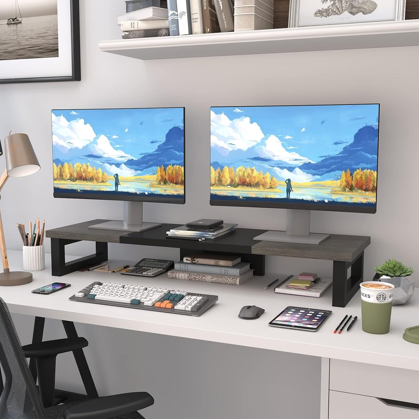 WESTREE Dual Monitor Stand Riser, Wood and Steel Multi-Purpose Desktop Storage Stand for 2 Monitors for Computer, Laptop, Printer, TV, Rustic Brown