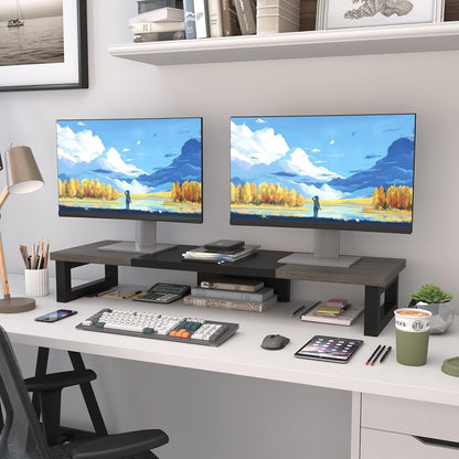 WESTREE Dual Monitor Stand Riser, Wood and Steel Multi-Purpose Desktop Storage Stand for 2 Monitors for Computer, Laptop, Printer, TV, Rustic Brown