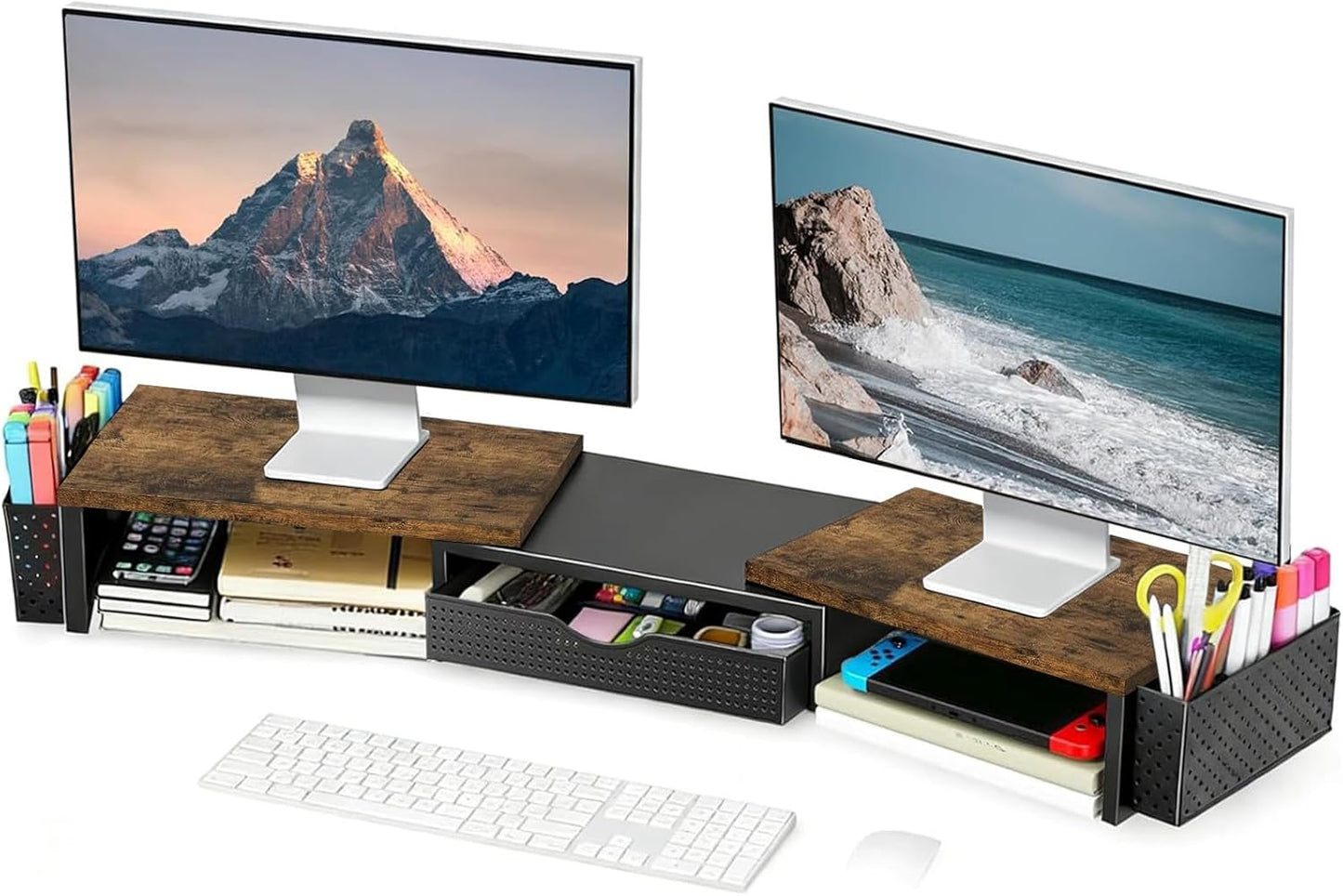 Spacrea Metal Desk Organizers and Accessories, Dual Monitor Stand Riser with Drawer and 2 Pen Holders, Book Racks, Desk Accessories & Workspace Desktop Organizers for Office Supplies (Black)
