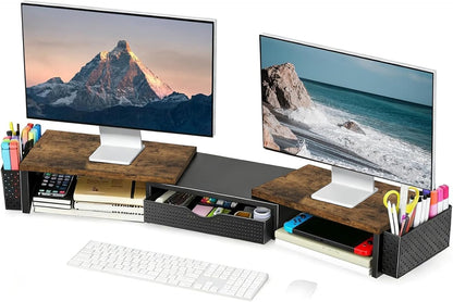 Spacrea Metal Desk Organizers and Accessories, Dual Monitor Stand Riser with Drawer and 2 Pen Holders, Book Racks, Desk Accessories & Workspace Desktop Organizers for Office Supplies (Black)