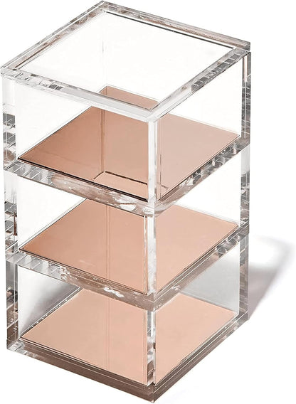 OfficeGoods 3-Tier Stackable Acrylic Holder- Stylish Desk Organizer and Storage for Office or Home – Transparent Round Design with Gold Metal Base