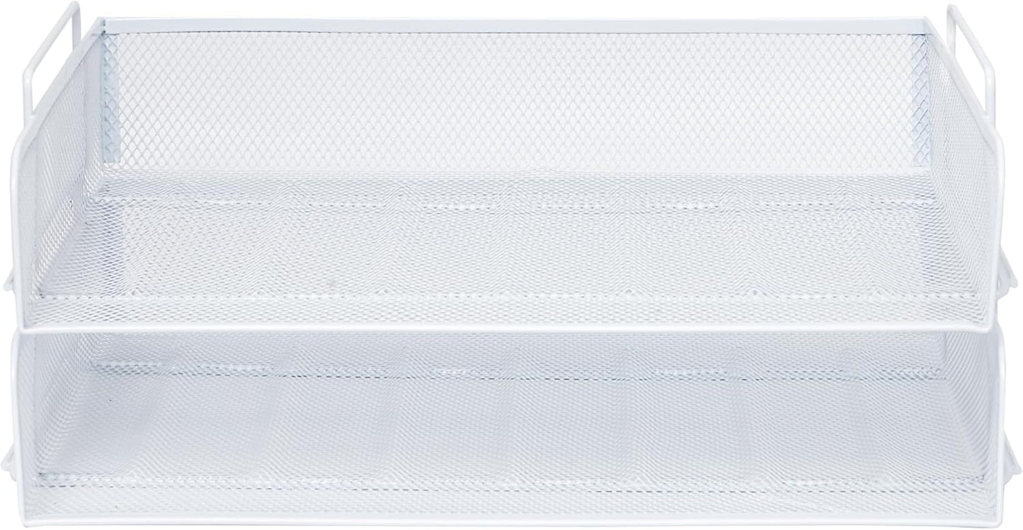 EASEPRES 2 Pack Stackable Desk Paper Tray, Metal Mesh Desktop Document Letter File Organizer for Office Home School, 13.5'' L x 9.75'' W x 5.5'' H, White