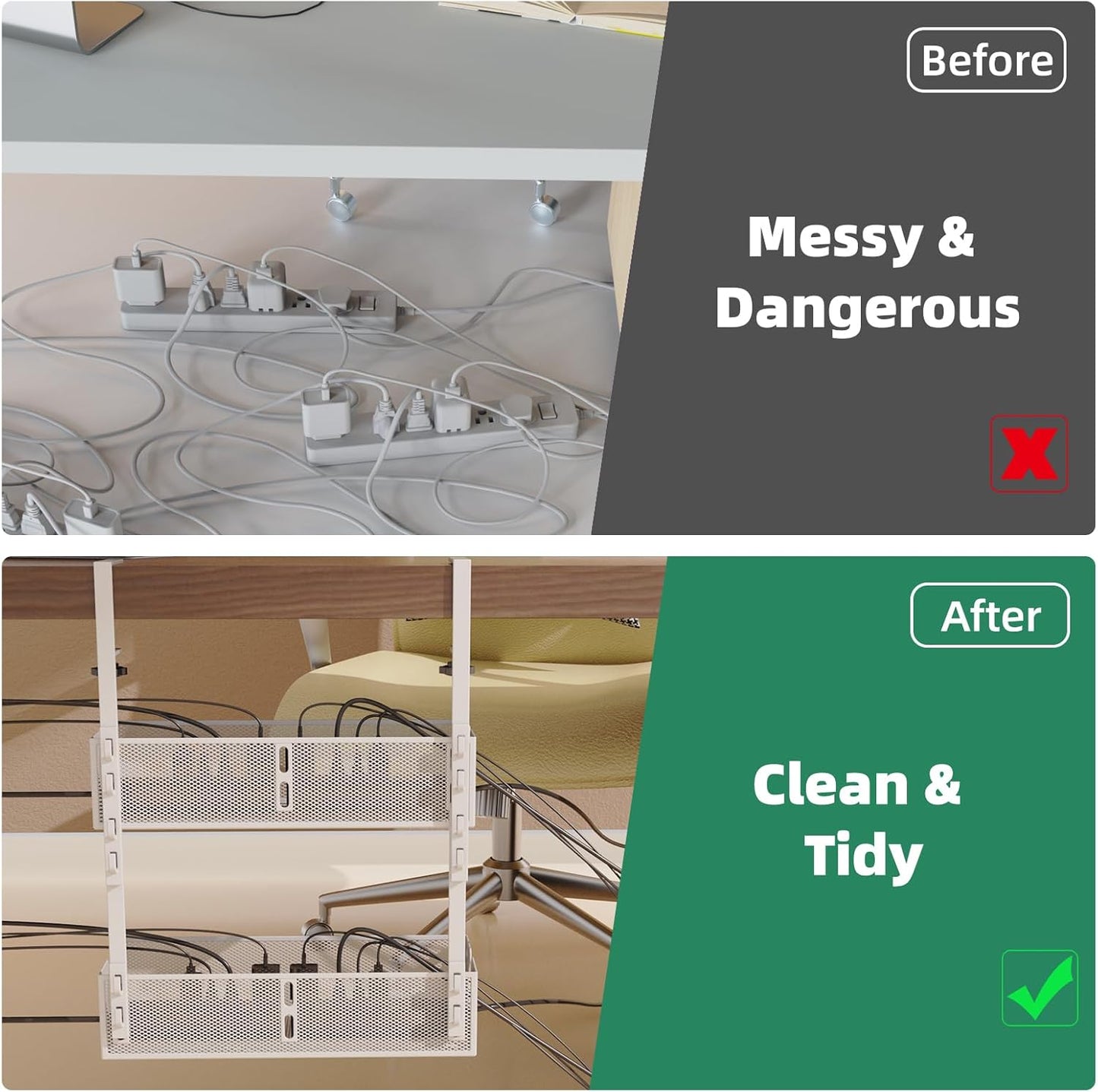 Multi-Model Under Desk Cable Management 2 Pack Metal Under Desk Wire Management Tray Clamp Mount Under Table Cord Management No Damage The Desk（White）