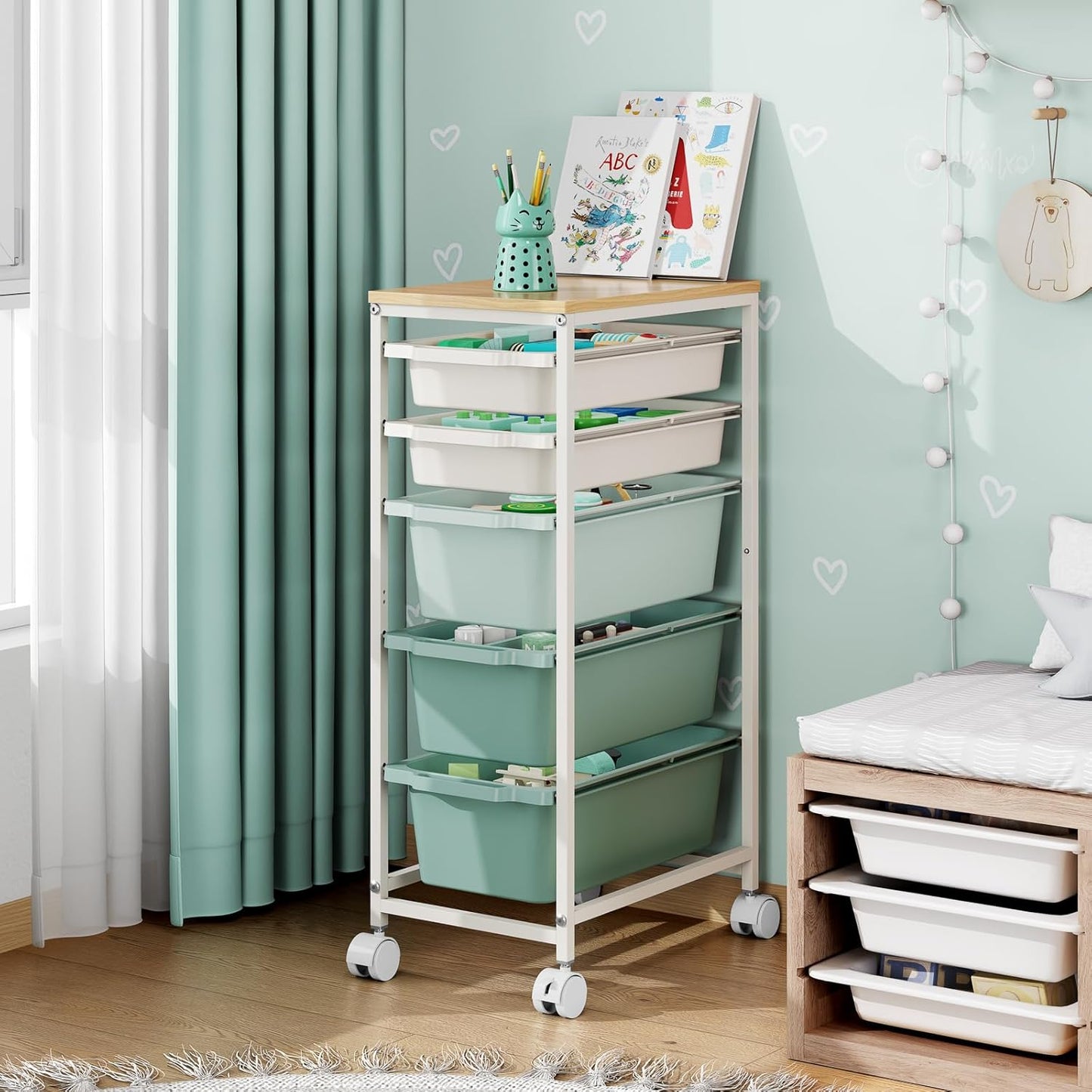 Rolling Storage Cart with 3 Drawers, Craft Organizer, Wooden Tabletop Utility Cart for Bedroom, Children's Room and Office Organization, Under Desk Trolley with Lockable Wheels,White