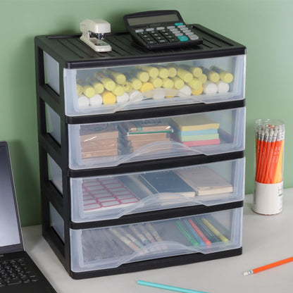 BYCY Medium 3 Drawer Plastic Clear Stacking Desktop Organizer for Office Supplies, Stackable Storage Drawers Storage Bins For Kitchen Cabinets, Pantry, Home Organization (Black, Medium 3Drawer)