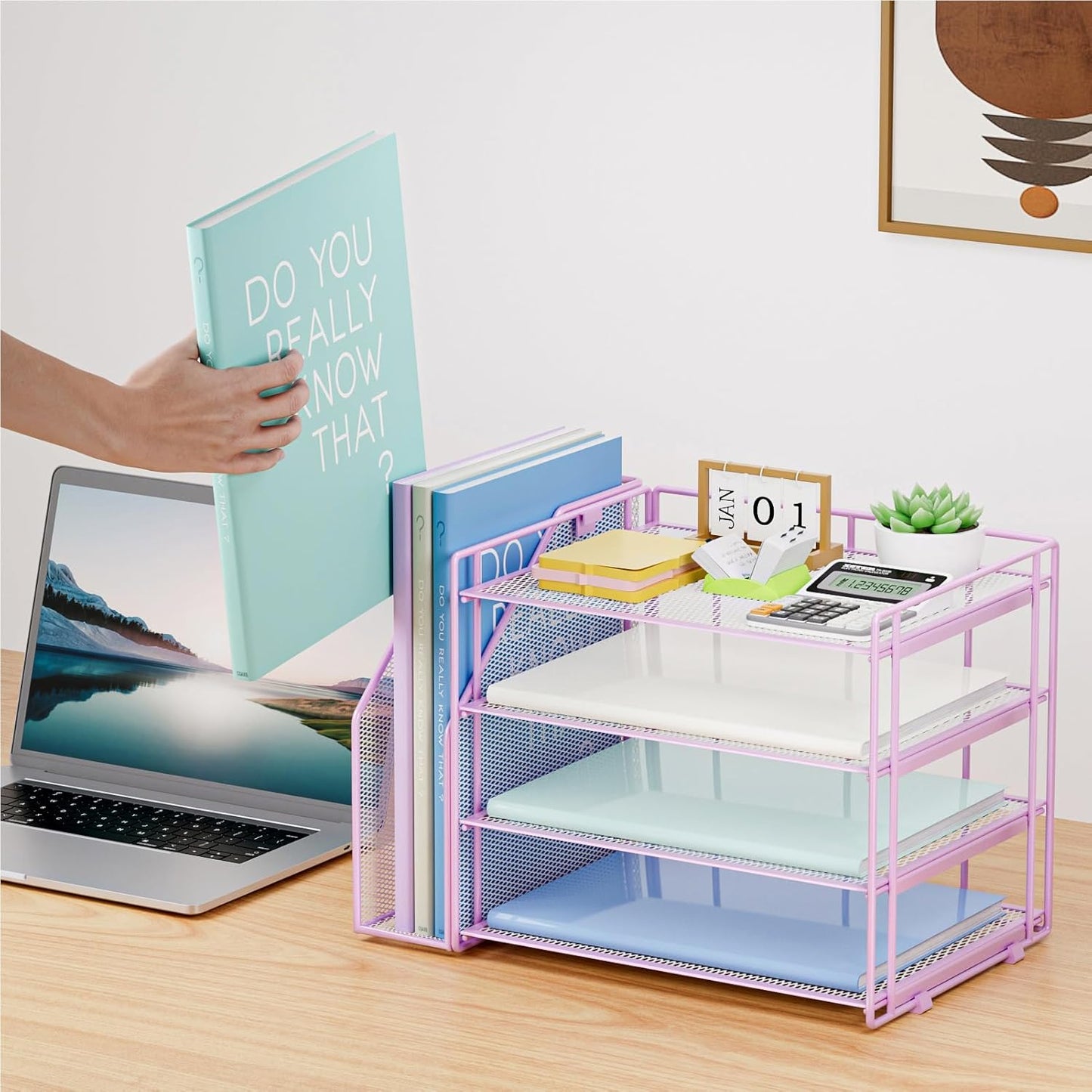 Marbrasse Desk Organizer and Accessories，4-Tier Paper Letter Tray Organizer with File Holder，Desk Accessories & Workspace Desktop Organizers for School Home Office Supplies (Blue)