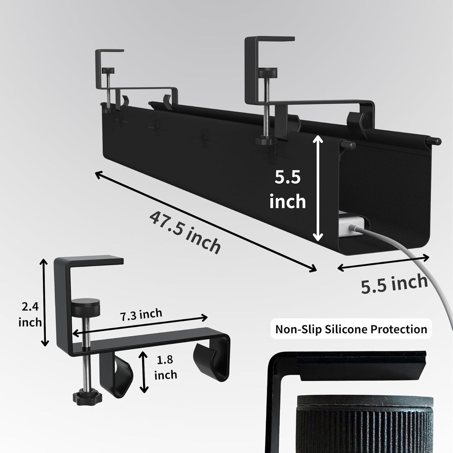 Under Desk Cable Management Tray, 36” Fabric No Drill Clamp Mount Cord Organizer for Desk, Heavy Duty Wire Management for Office Home, Black