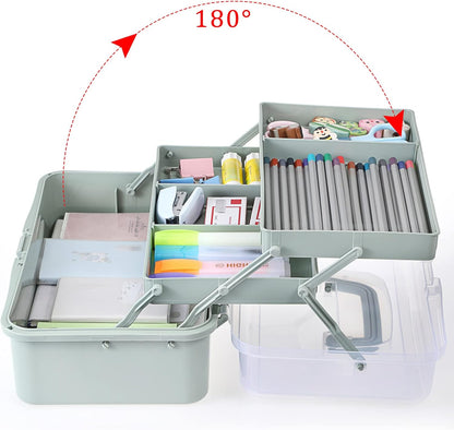 BTSKY 3-Layer Plastic Dividing Storage Box Craft Organizer and Storage with Adjustable Spacers Portable Handled Art Supply Organizer Multipurpose Home Utility Box for Medicine Sewing(Haze Green)