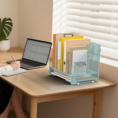 Desk File Folder Holder Organizer-5 Vertical Compartments Racks and Paper Letter Tray,Mesh Magazine File Holder Sorter,Desktop Accessories & Workspace Organizers for Home,Office,School-Black
