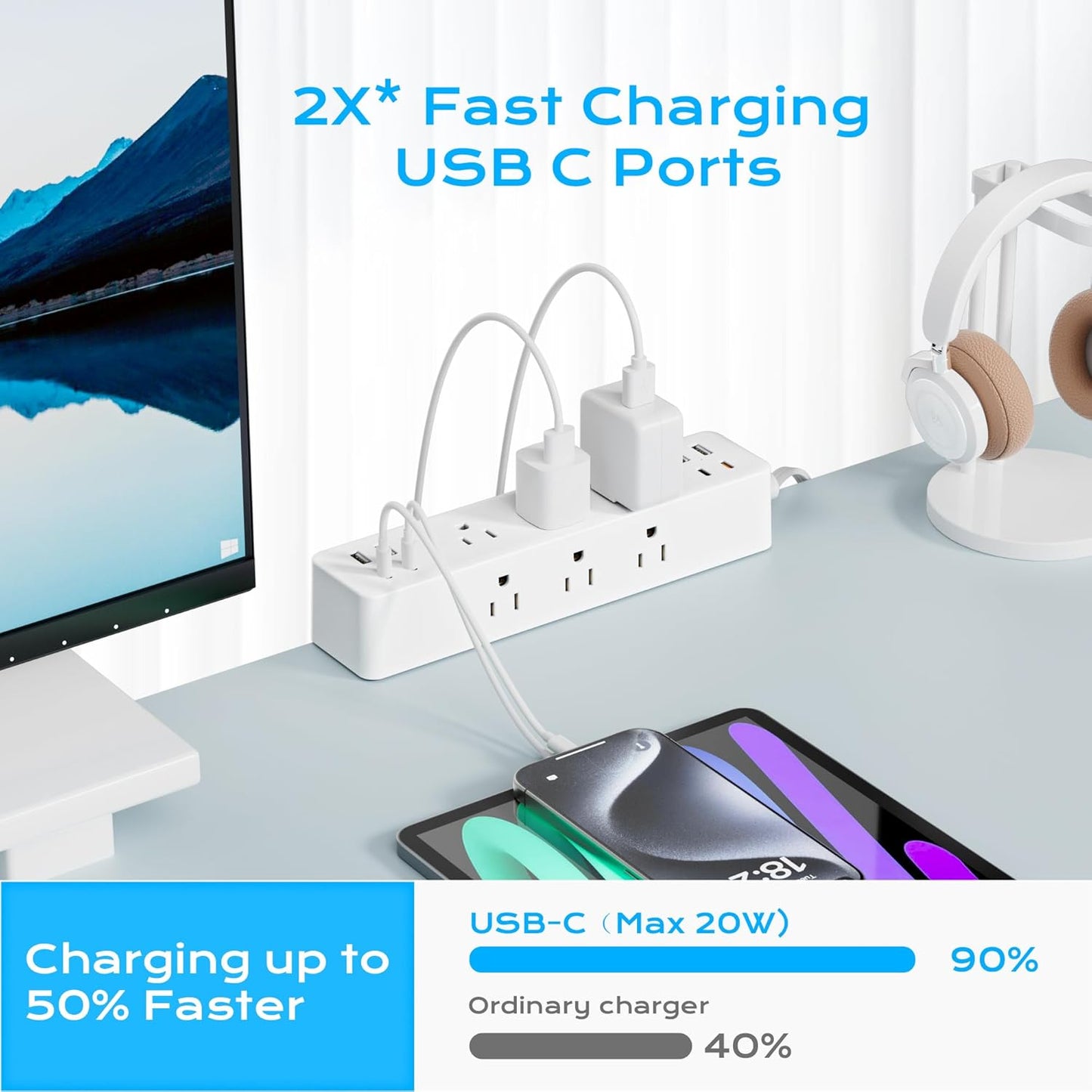 Flat Plug Desk Clamp Power Strip 10FT, 40W Total Fast Charging Station, Dual PD 20W USB C Ports, Desk Edge Mount Power Strip 9 AC Outlets 8 USB Ports(4 USB C) Surge Protector, Fit 1.7" Tabletop Edge