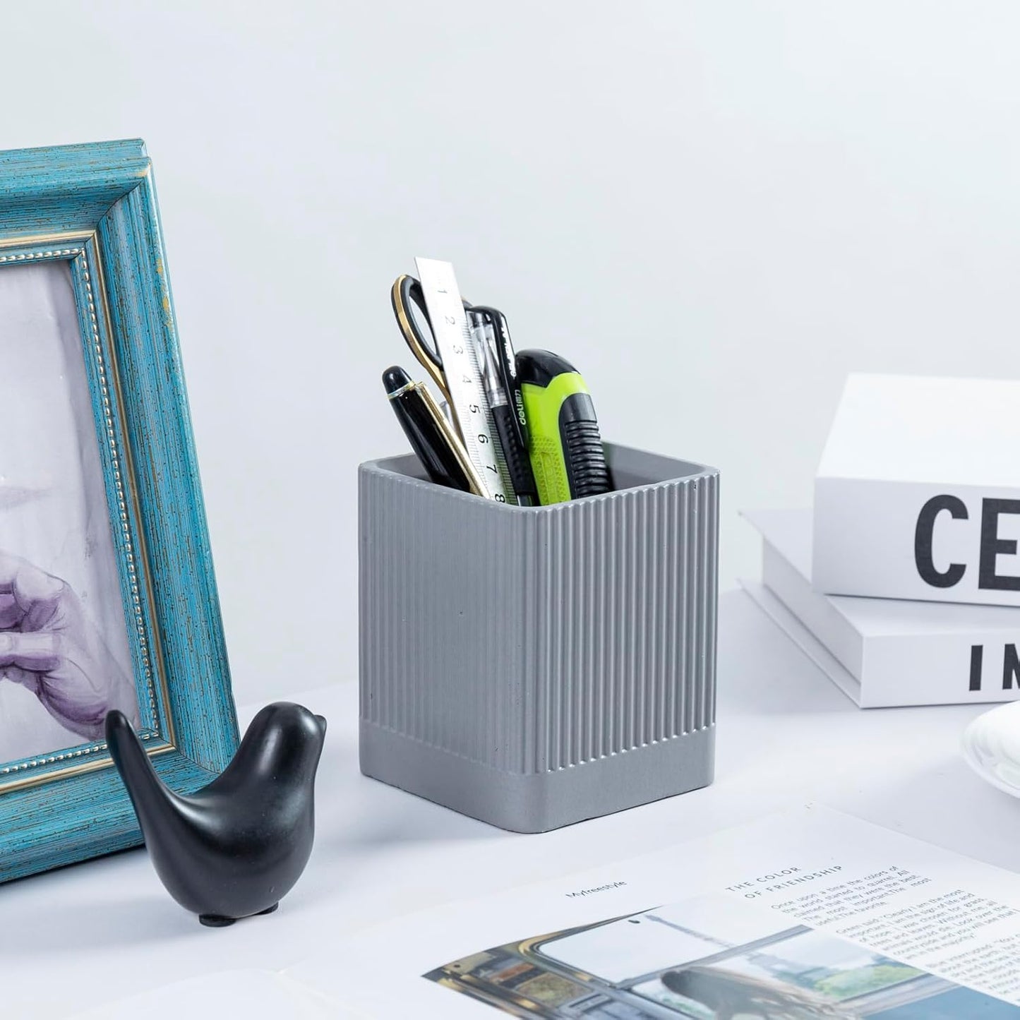 MyGift Pen Holder Pencil Holder For Desk Desktop Pen Cup Holder Gray Concrete 3.5 Inch Round Modern Office Desk Organizer