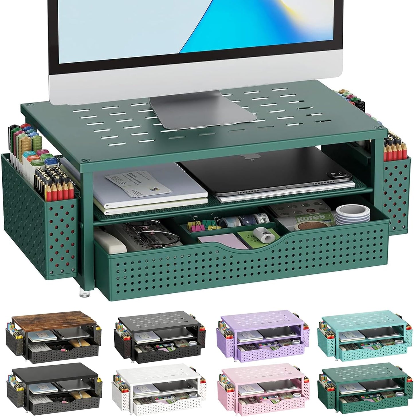 gianotter Wood Monitor Stand Riser, Office Desk Shelf Organizer, Desk Organizer with Drawer and Pen Holder, 2-Tier Computer Stand, Office Organization (Ink)