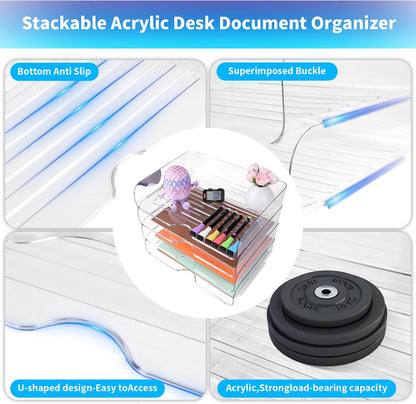 4 Pack Stackable Letter Tray for Desk, Clear File Organizer for Files, iPad, Letters, A4 Office Files, Books, Notes, Vertical
