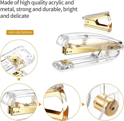 Office Supplies Set Desk Accessory Kit, Acrylic Stapler Set Staple Remover, Tape Dispenser, Binder Clips, Paper Clips, Ballpoint Pen and Scissor with 1000 Pieces 26/6 Staples (Silver)