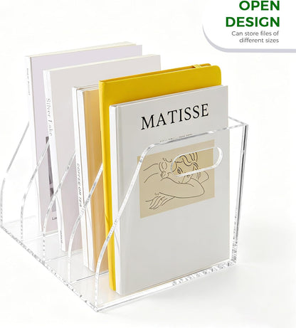 Acrylic Magazine File Holder, 4 Vertical Compartments Desk Document Sorter Organizer, Clear Folder Rack Binder for Office/Home/Classroom, for Documents, Tablet, Magazines, Books & Accessories