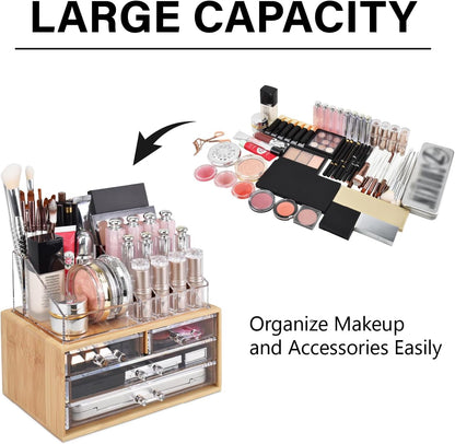 Ikee Design Acrylic Makeup Organizer with 4 Drawers and Removable Top Lipstick Holders, Ideal for Make-up or Accessories,Enhance Your Vanity or Bathroom with Clear Design for Quick Visibility