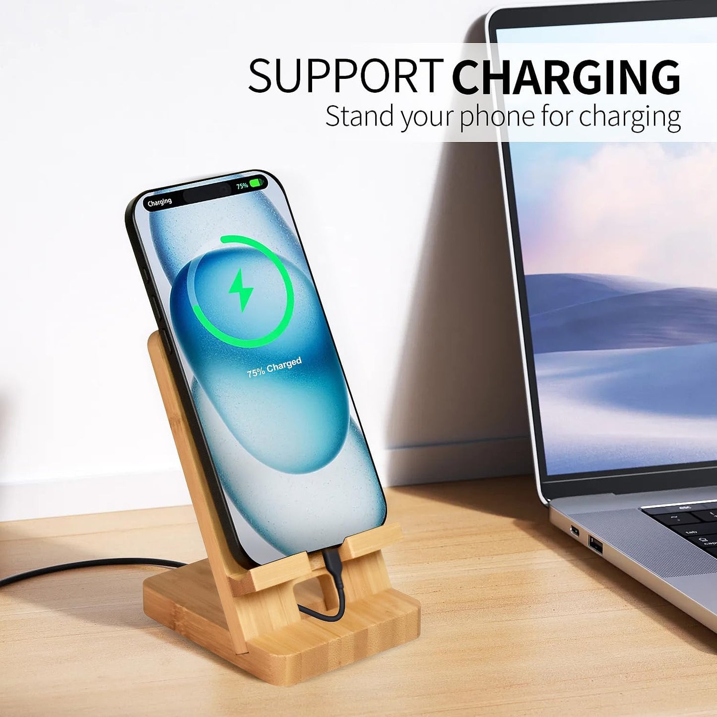 Wood Phone Stand, Desktop Wooden Phone Holder, Portable Office Phone Stand for Desk, Wood ipad Stand, Compatible with iPhone & All Cell Phones (Walnut)