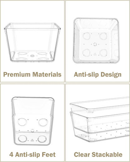 15Pcs Clear Plastic Drawer Organizers Set, 4size makeup drawer organizer trays for vanity/desk/bathroom/office/nightstand/gadgets for kitchen/desk drawer, Versatile drawer divider storage bins