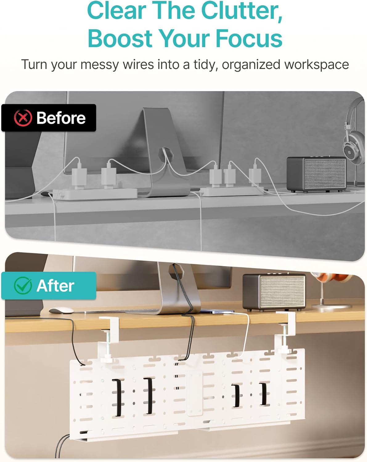 Under Desk Cable Management Tray, 30.2" Vertical Metal Pegboard Organizer for Power Strip, Cables, Clamp On Cord Organizer Rack with Hooks, Trays & Cable Straps for Home Office, White