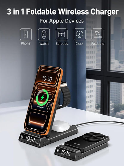 3 in 1 Charging Station for Apple, ELECDOV Magnetic Charger for iPhone, Foldable Wireless Charger with Clock, Travel Watch Charger Stand for iPhone 17/Air/16/15 Series, iWatch 10/AirPods 4 (Grey)