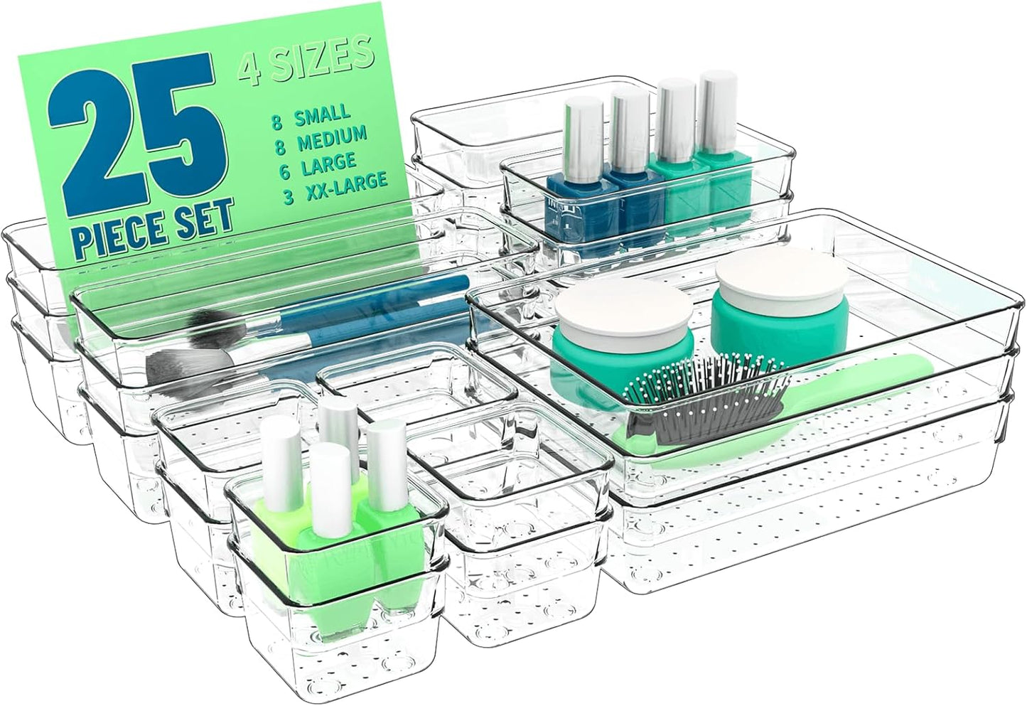 Yieach 60 Pc Clear Plastic Drawer Organizer Set,5 Sizes In Drawer Trays for Bathroom,Office,Kitchen Cabinet and Vanity Organizers,Desk Organizer Bins for Jewelry,Cosmetic,Utensil,Junk