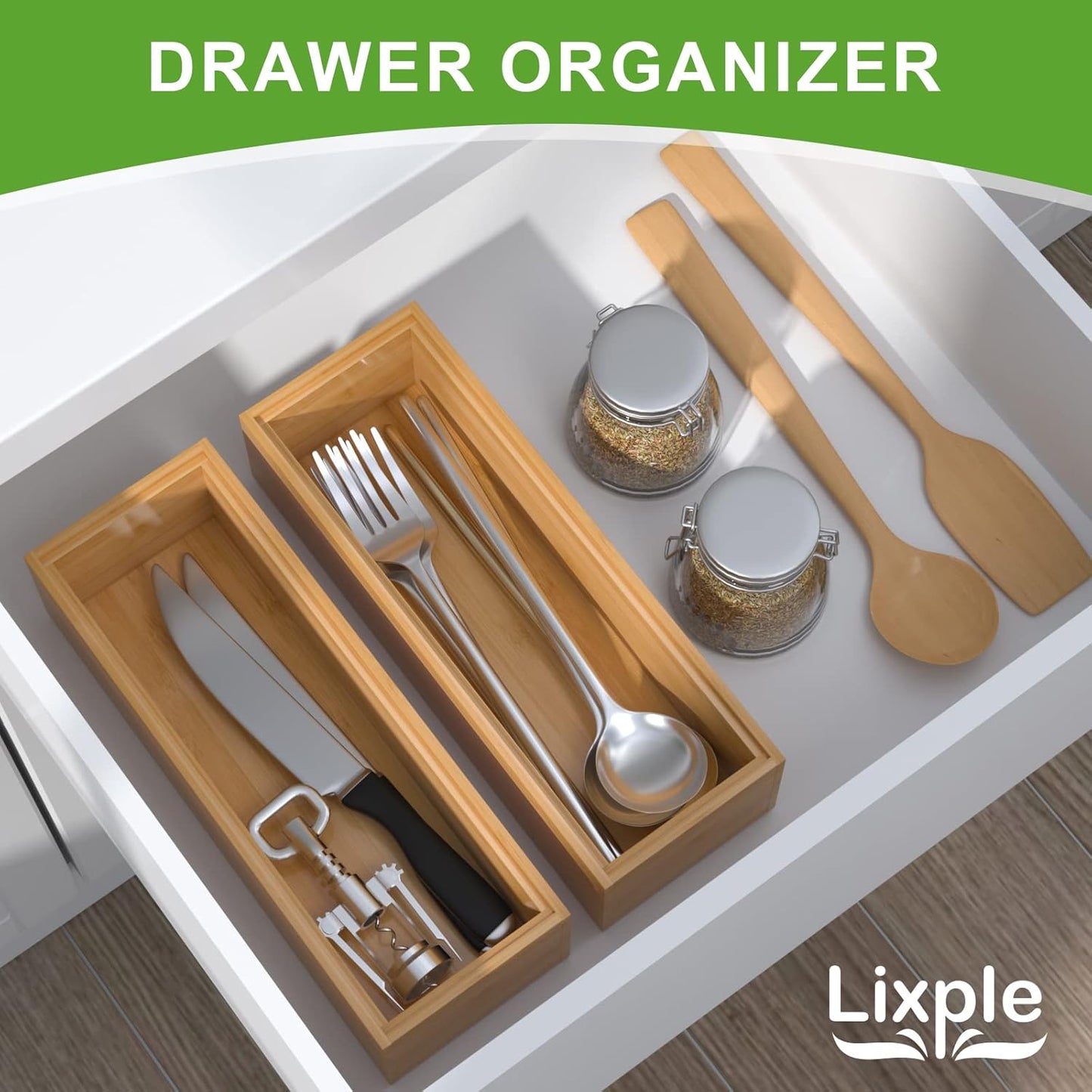 Lixple Bamboo Drawer Organizer, Cutlery Silverware Organizer for Kitchen Drawer, Stackable Utensil Organizer, 2 Pcs Flatware Organizer for Drawer, Wooden Storage Box Tray (Bamboo, 9 X 6 X 2 Inch)