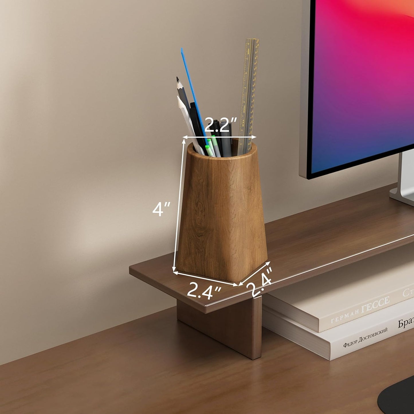 Wooden Pen Holder for Desk - Pencil Cup for Office School Supplies Storage, Natural Wooden pencil cup for students