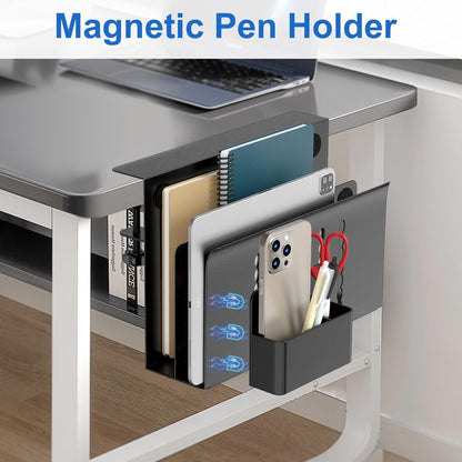 HAMOPY Desk Side Storage, Single-Layer Steel Hanging Desk Organizer with Magnetic Pen Holder, No Drilling Desk Drawer Cable Management Tray, Under Desk Laptop Holder for Office, School&Home(White)
