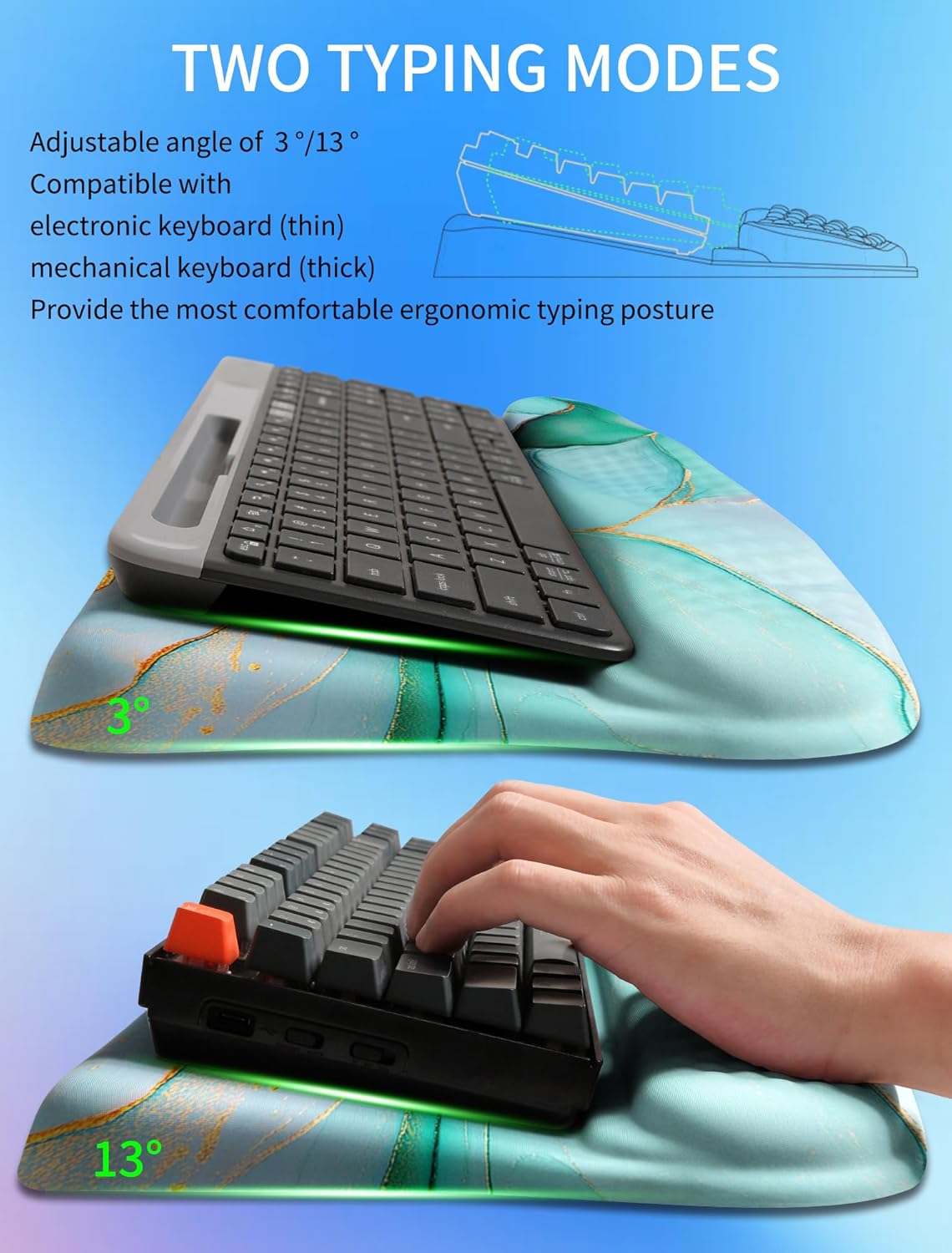 Ergonomic Wave Wrist Rest with Keyboard Stand, Cushioned Palm Rest, Comfortable Integrated Memory Foam for Natural Typing and Relieve Wrist Pain, Dark Night Black