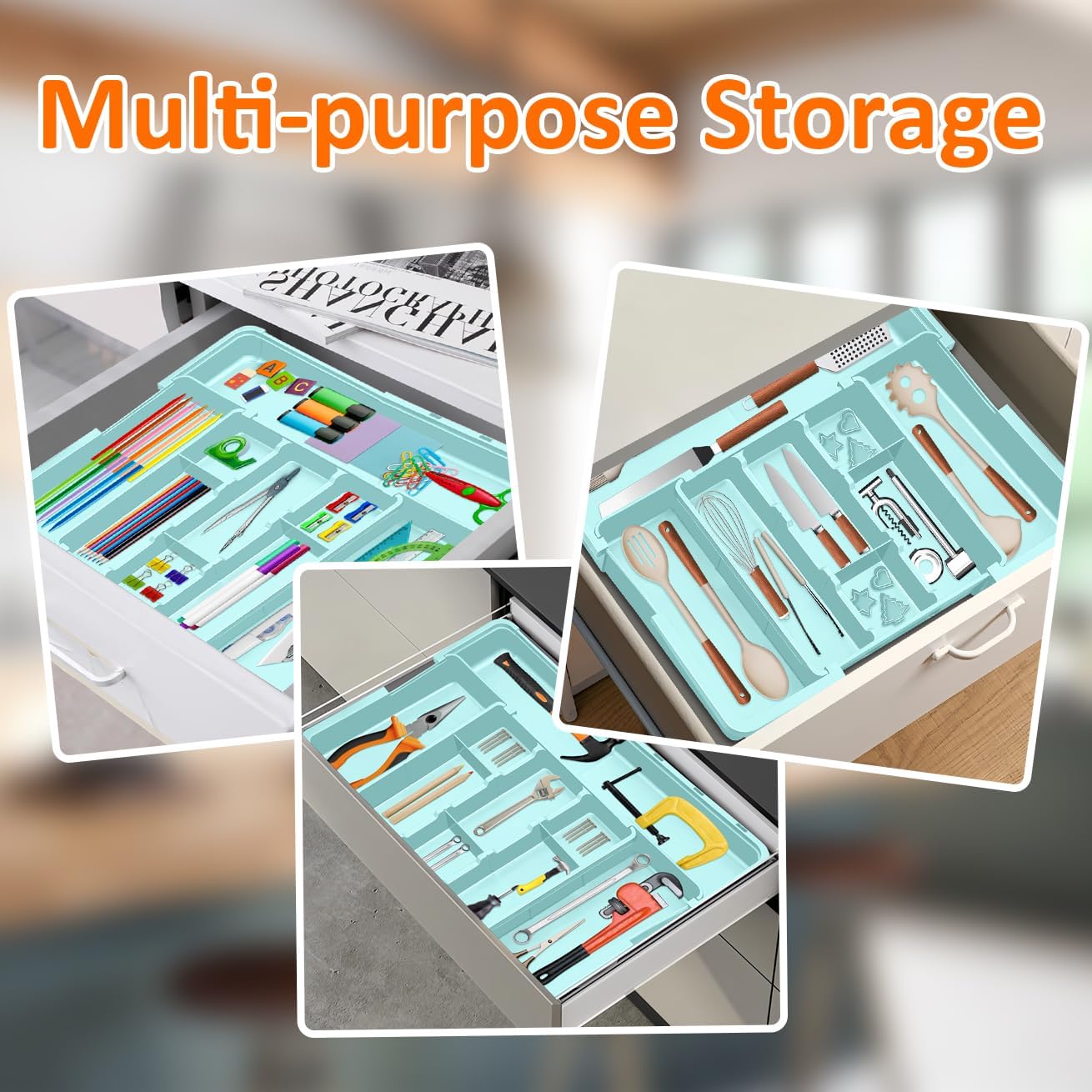Spaclear Large Utensil Drawer Organizer Expandable Silverware Organizer for Kitchen Drawer Adjustable Cooking Utensil Holder Cutlery Flatware Tray Spatula Tools Gadgets Storage Dividers Plastic Black