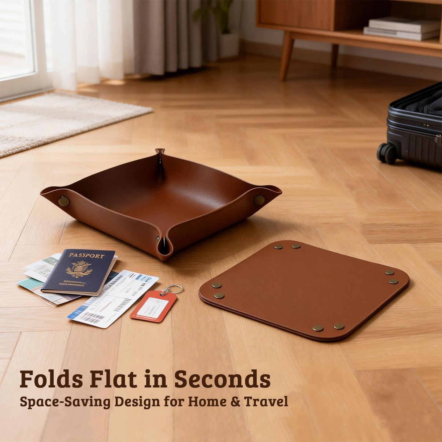 3 PACK PU Leather Jewelry Valet Tray Organizer, Foldable & Portable Catch All Bowl for Entryway Table, Nightstand, Desk & Travel | Storage Dish for Keys, Watch, Coin, Glasses (Brown)