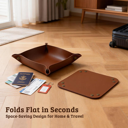 3 PACK PU Leather Jewelry Valet Tray Organizer, Foldable & Portable Catch All Bowl for Entryway Table, Nightstand, Desk & Travel | Storage Dish for Keys, Watch, Coin, Glasses (Brown)