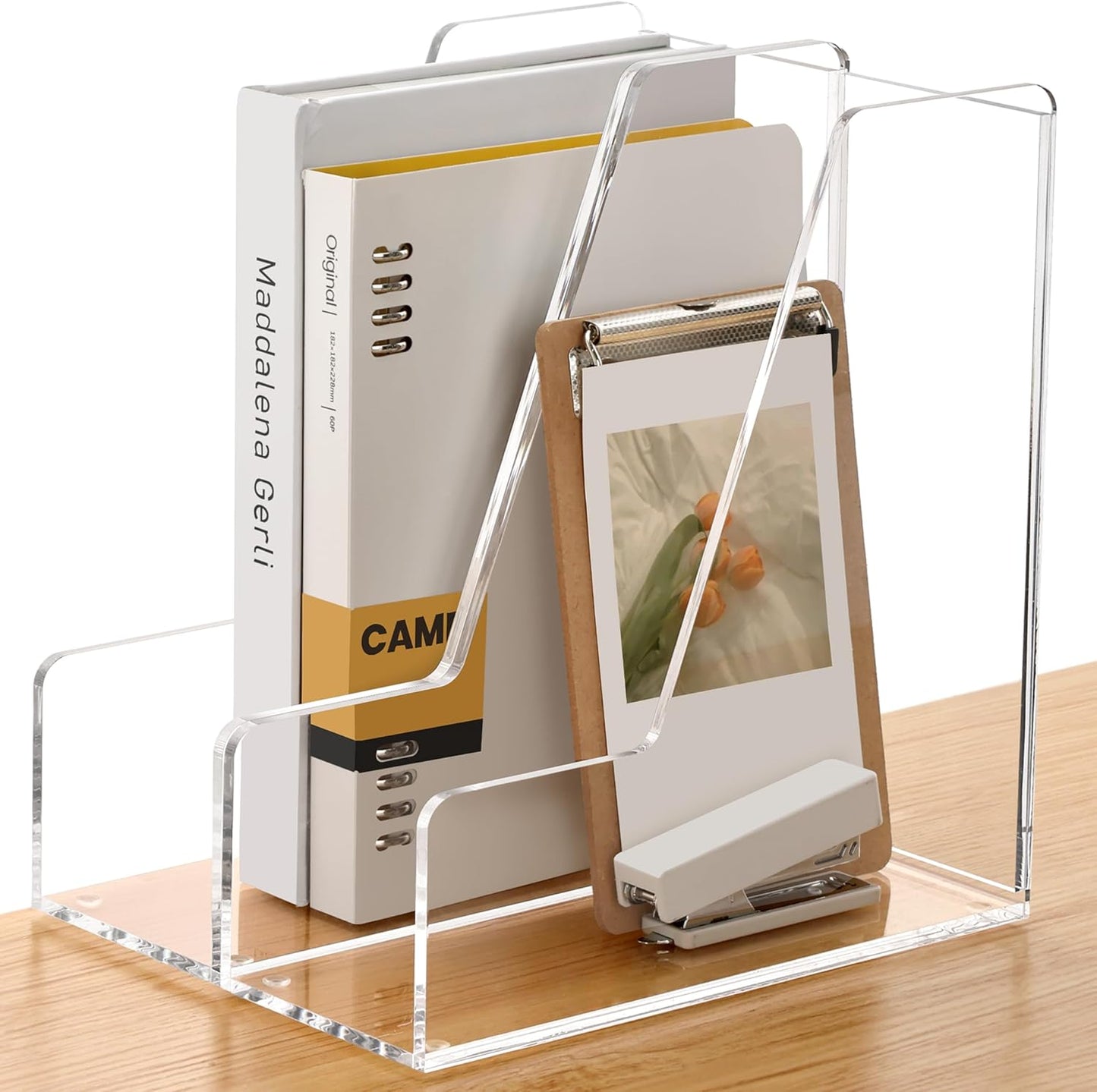 SANRUI Acrylic Magazine Holder Desk Organizer Workspace Sorters，Clear Bookend File Sorter Holder，Folder Rack, Office Accessories Organization Storage with 3 Vertical Compartments