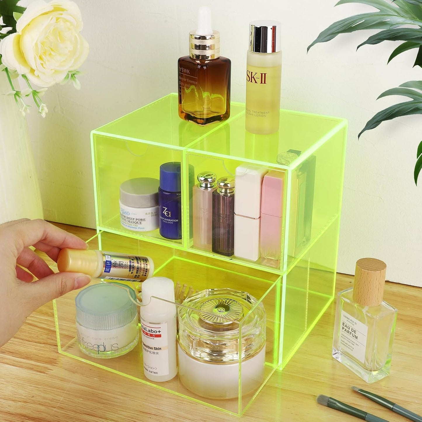 Gelite Desk Organizer with 3 Storage Drawers for Makeup Office Acrylic Desktop Drawer Organizer for Vanity Office Organization and Storage Box, Neon Pink