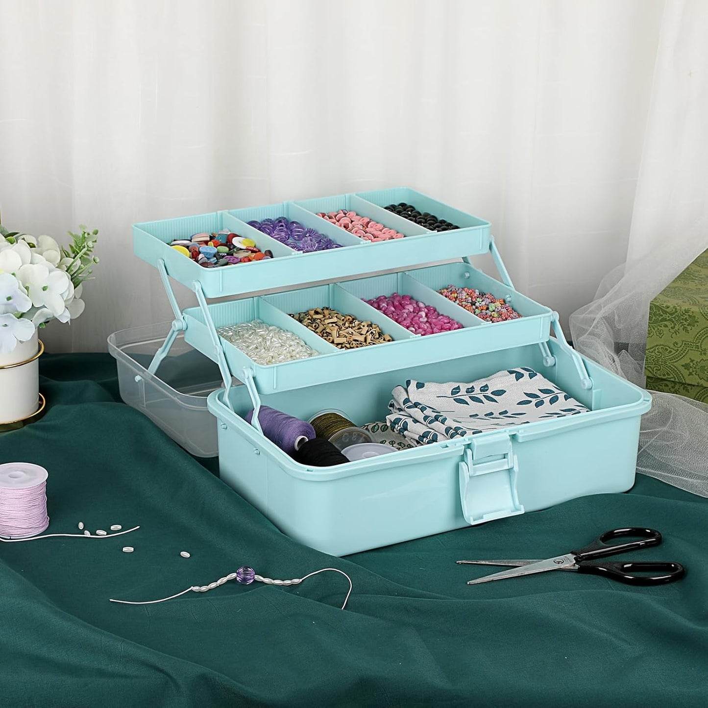 BTSKY 3-Layer Plastic Dividing Storage Box Craft Organizer and Storage with Adjustable Spacers Portable Handled Art Supply Organizer Multipurpose Home Utility Box for Medicine Sewing(Haze Green)