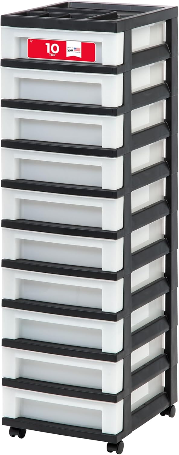 IRIS USA Plastic Drawer Storage Organizer Rolling Cart, with Wheels Casters, 4-Drawers, for Classroom Art Craft Supplies Dresser Closet Bathroom Laundry Room, Black/Pearl