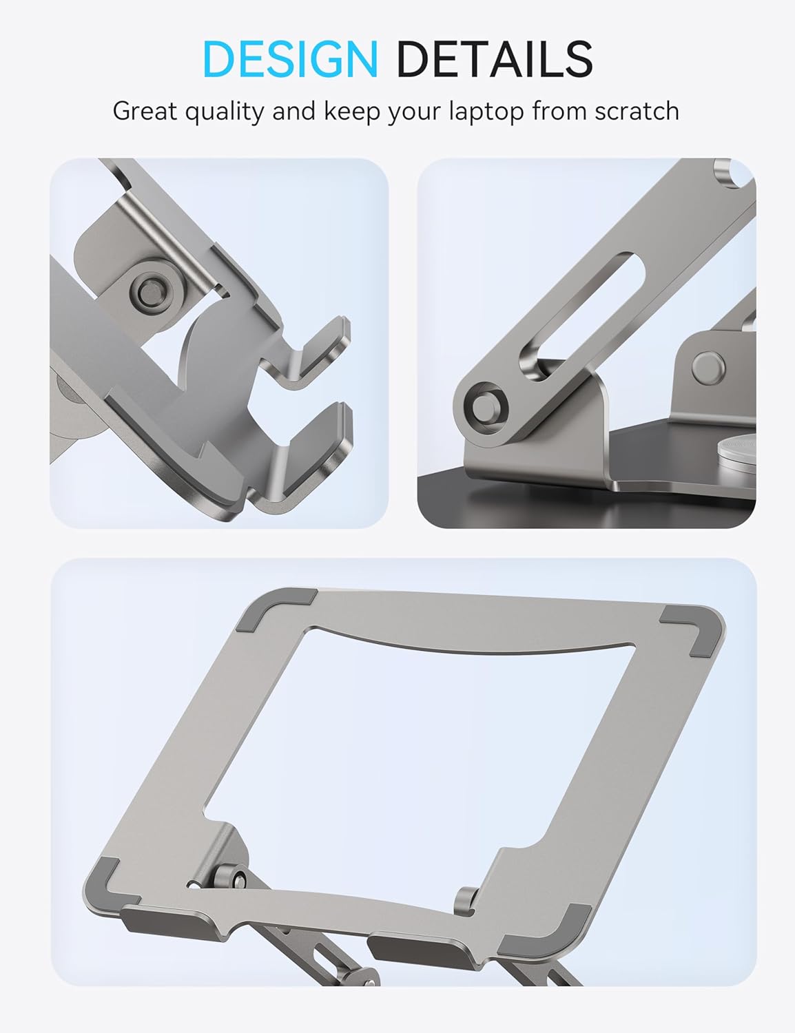 SOUNDANCE 360 Rotating Laptop Stand, Ergonomic Computer Riser for Desk, Adjustable Height Multi-Angle Metal Holder, Foldable Portable Notebook Elevating Base for Office & Home, Silver Grey