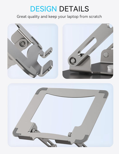 SOUNDANCE 360 Rotating Laptop Stand, Ergonomic Computer Riser for Desk, Adjustable Height Multi-Angle Metal Holder, Foldable Portable Notebook Elevating Base for Office & Home, Silver Grey