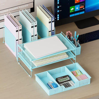 LEKETREE Desk Organizer, Office Organization with Vertical File Holder, File Organizer with Drawer and Pen Holder, Desk Accessories and Workspace Organizers for Home Office (Black)