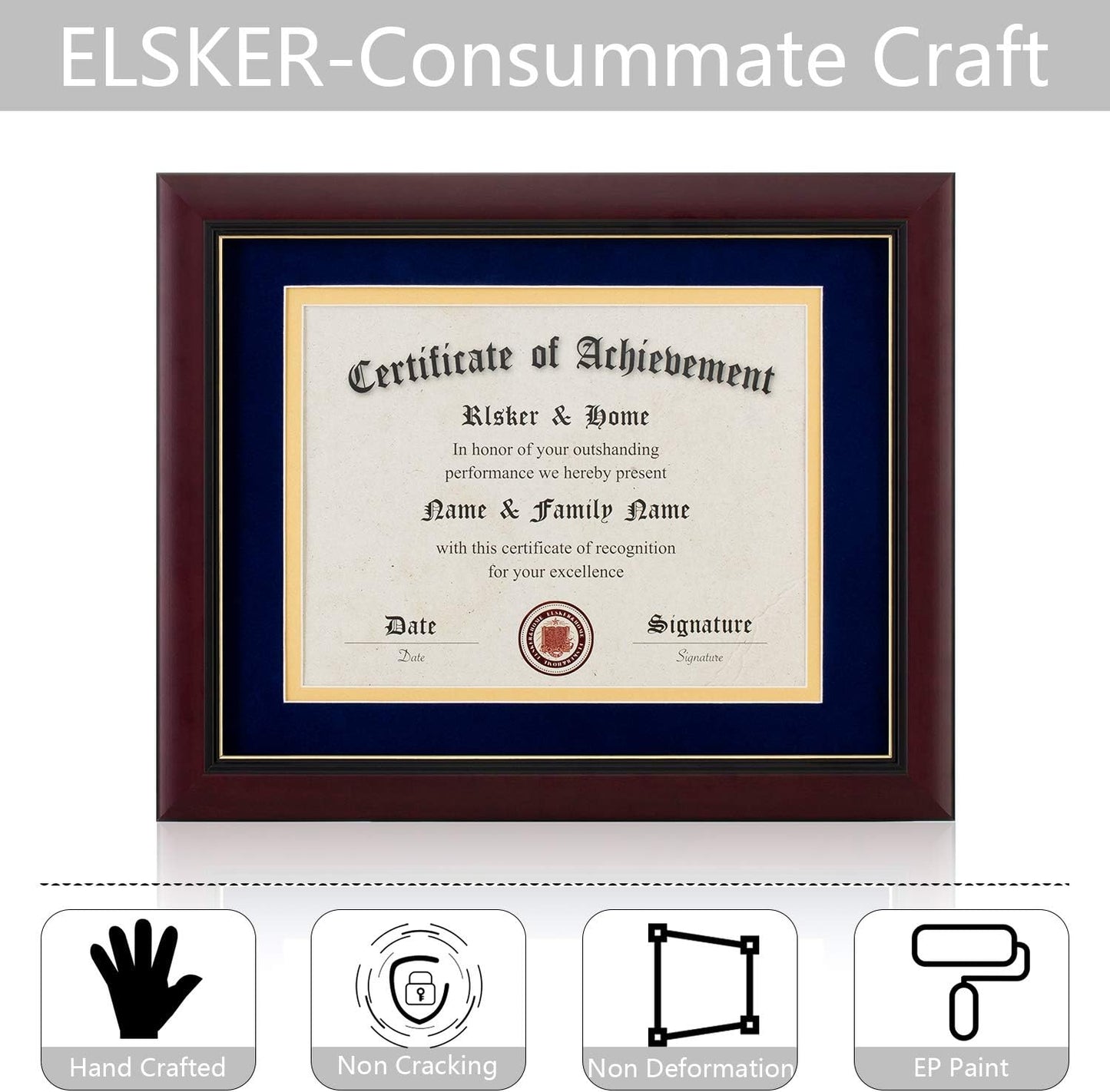ELSKER&HOME Diploma Frame - Wide Solid Wood Frame - Black Velvet Golden Rim Mat - Semi-Tempered Glass - Includes Hanging Hardware and Desktop Easel(ONLY Display 11×14 Document/Certificate)