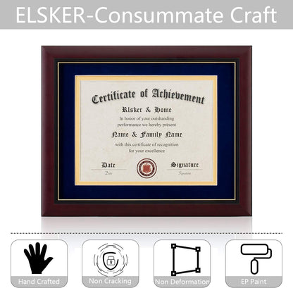 ELSKER&HOME Diploma Frame - Wide Solid Wood Frame - Black Velvet Golden Rim Mat - Semi-Tempered Glass - Includes Hanging Hardware and Desktop Easel(ONLY Display 11×14 Document/Certificate)