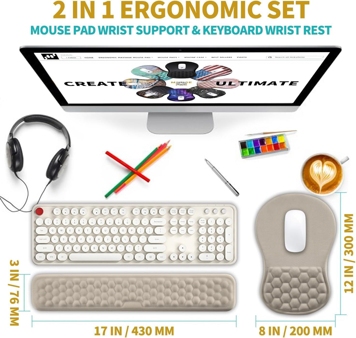 Hokafenle 2 in 1 Ergonomic Mouse Pad Wrist Support & Wrist Rest for Computer Keyboard Set, with Relieve Carpal Tunnel Pain Massage Bulge and Full Memory Gel Design (2In1 Set, Light Green)