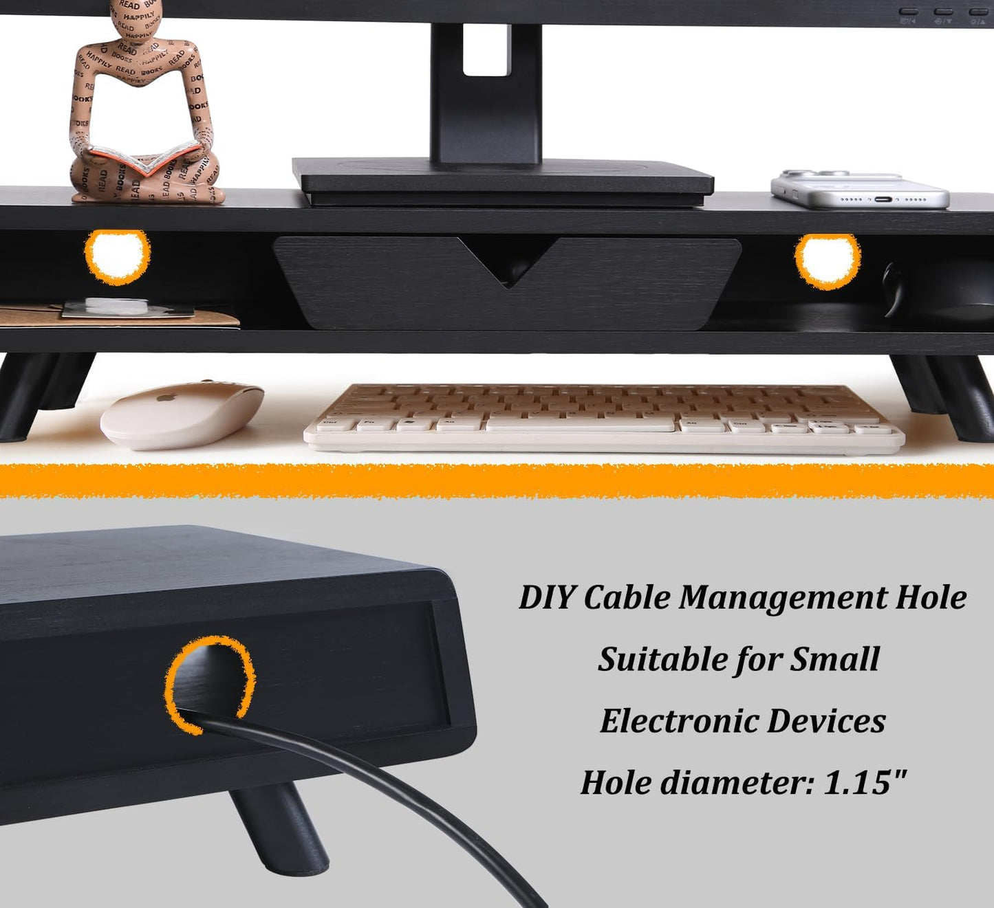 Homerays Monitor Stand with Drawer, Exquisite Computer Monitor Stand for Desk, Ergonomic Wood Monitor Stand Riser for Computer,Laptop,Printer,TV,Bamboo,White