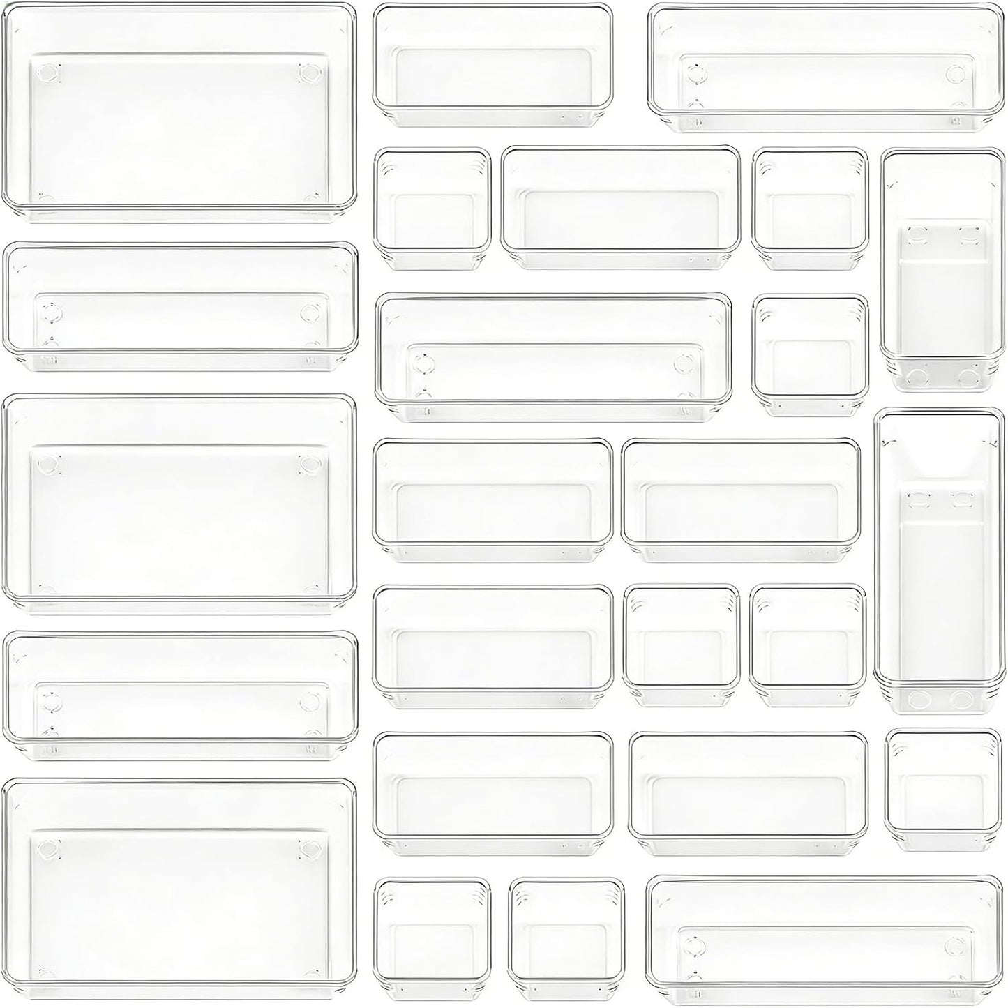 Clear Acrylic Drawer Organizer Trays, 5 Size Junk Box Organization Small Storage Container Bin for Desk Makeup Bathroom Vanity Kitchen Tool Make Up Workspace Home Dorm Apartment Office Room Nightstand