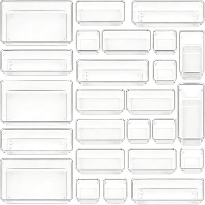 Clear Acrylic Drawer Organizer Trays, 5 Size Junk Box Organization Small Storage Container Bin for Desk Makeup Bathroom Vanity Kitchen Tool Make Up Workspace Home Dorm Apartment Office Room Nightstand